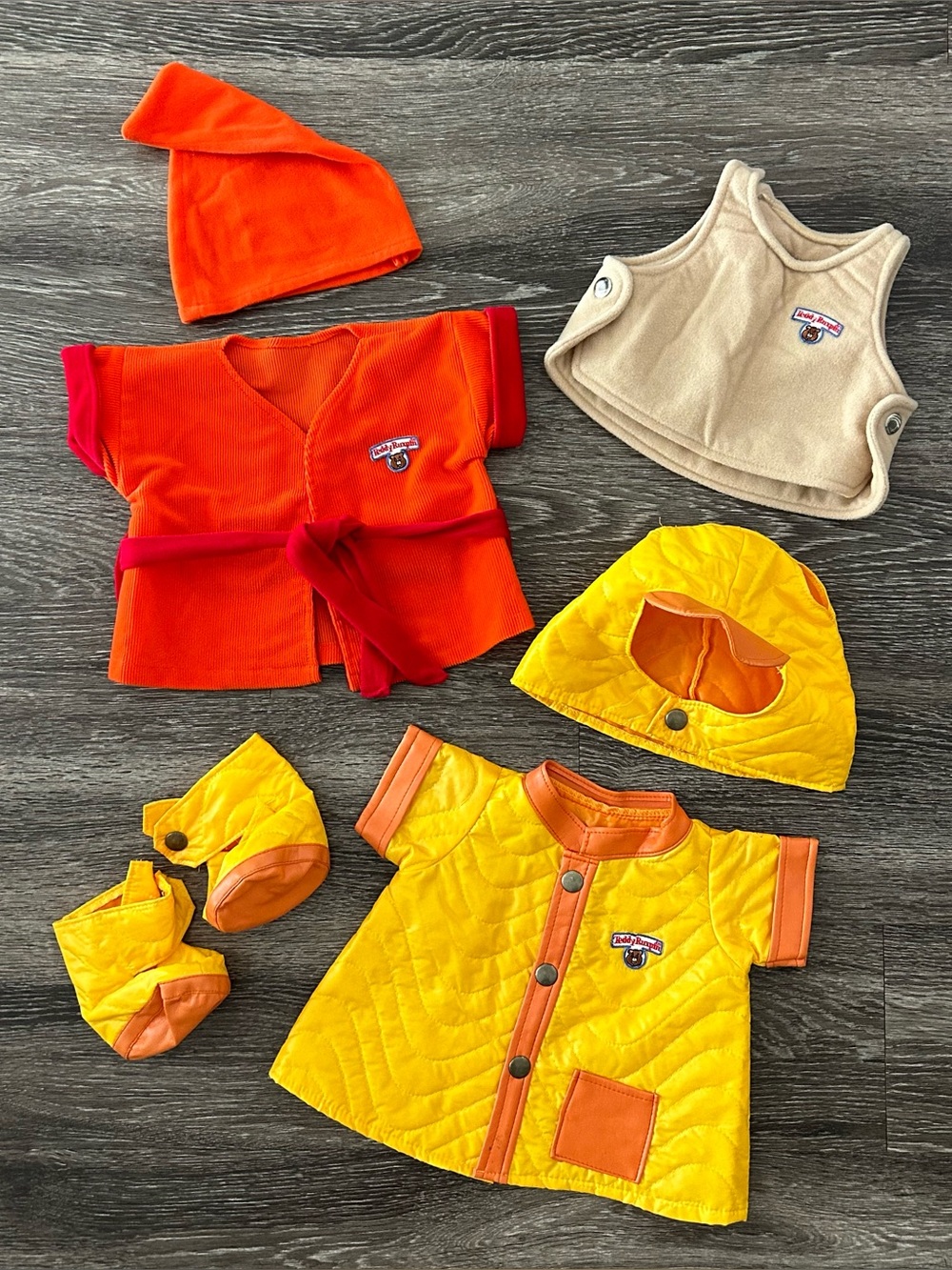 Vintage Teddy Ruxpin Worlds Of Wonder Outfits Lot Pajamas Rain boots Jacket Vest